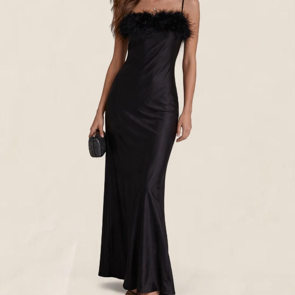 Lucy Paris Black Feather Trim Silky Maxi Dress XS Party Glam wedding guest